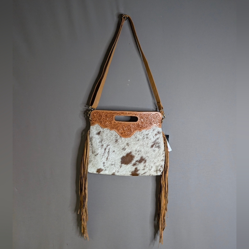 Tooled Leather Cowhide Messenger Bag With Fringe-NWT